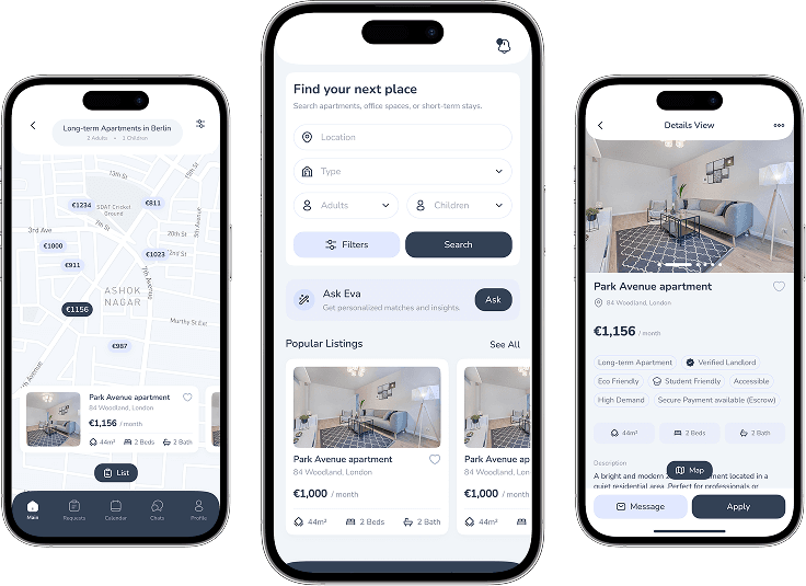 Mobiey app shown on three iPhones with map, search, and listing screens